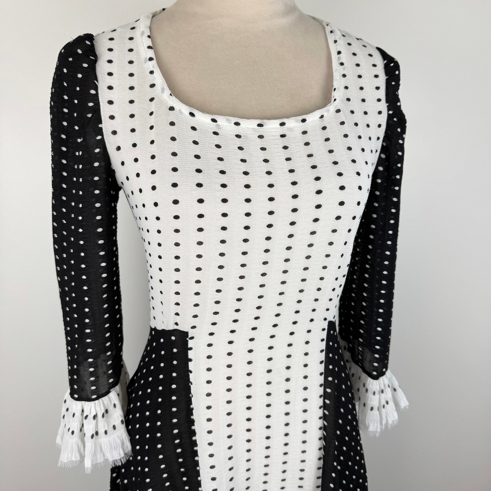 Black & White Polka Dot Ruffle Mini Dress Square Neck 3/4 Sleeve Textured Boho - Picture 3 of 7